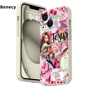 Floral Faith Pattern Straight Edge Phone Case for iPhone 15 16 14 Pro Max 13 12 11 XR XS Plus E Shockproof Drop Protection Rugged Durable Liquid Silicone Cover Cellphone Protective