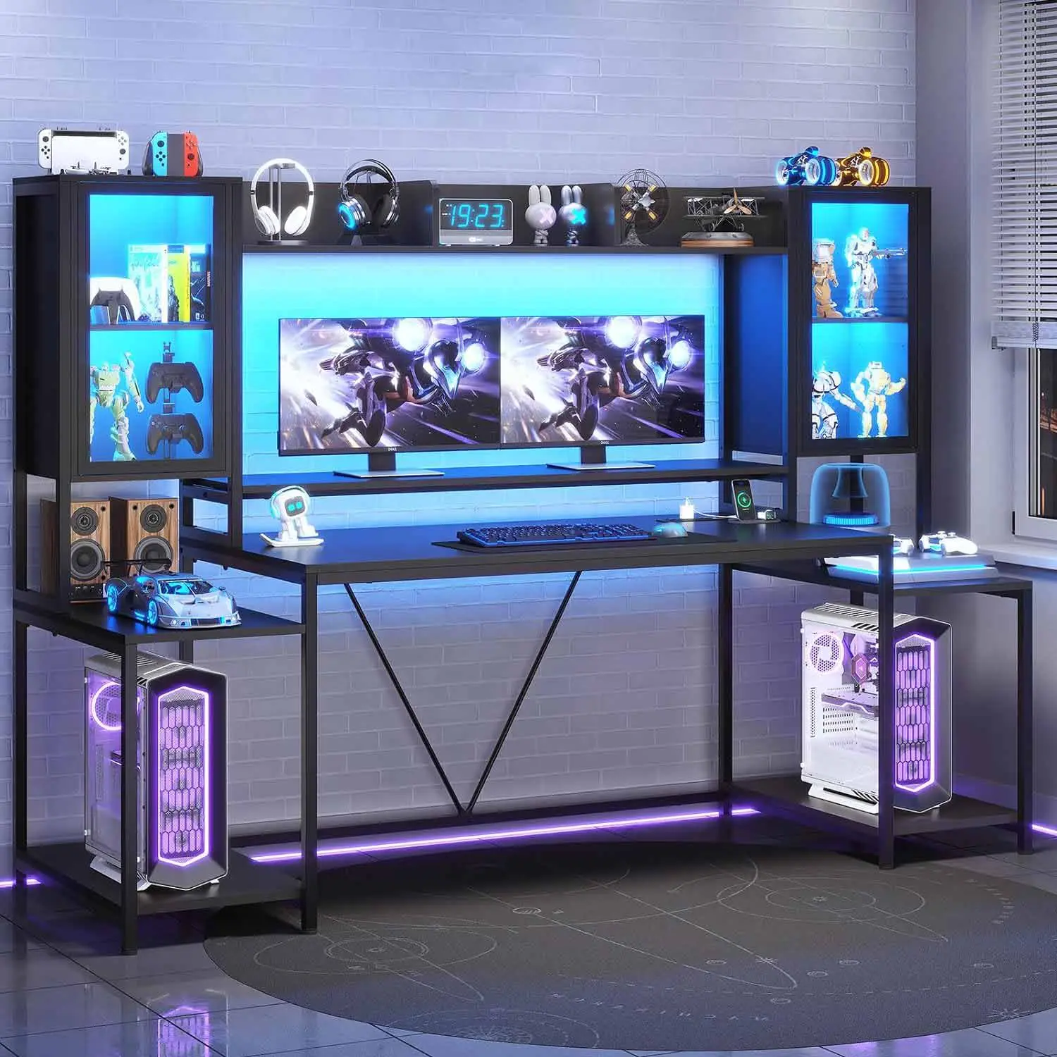 Sedeta 74.8-in Sturdy Office Gaming Desk - Modern Ergonomic Desk with LED Light Bracket, Large Shelf, Dual Monitor Riser, and Stable Frame, Desks