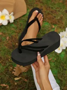 Women's Simple Solid Color Sandals, Thick Sole Lightweight Beach Vacation Casual Flip Flops, Comfortable Fashion Outdoor Wedge Slippers