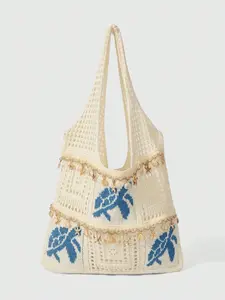 Vacation style simple and personalized hollow knitted turtle tote bag, shell, starfish, tassel hanging accessories, wide shoulder strap, large capacity beach bag, suitable for beach play and outdoor travel