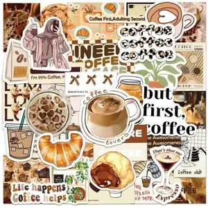 Coffee Series Sticker, 50pcs/set Coffee Themed Decorative Sticker, DIY Decals for Water Bottle, Laptop, Phone Case, Scrapbooking, Journal Making, Cover