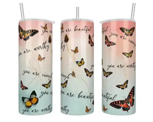 20 oz Handmade Holographic Daily Reminders Butterflies Handmade Stainless Steel Insulated Sublimation Tumbler