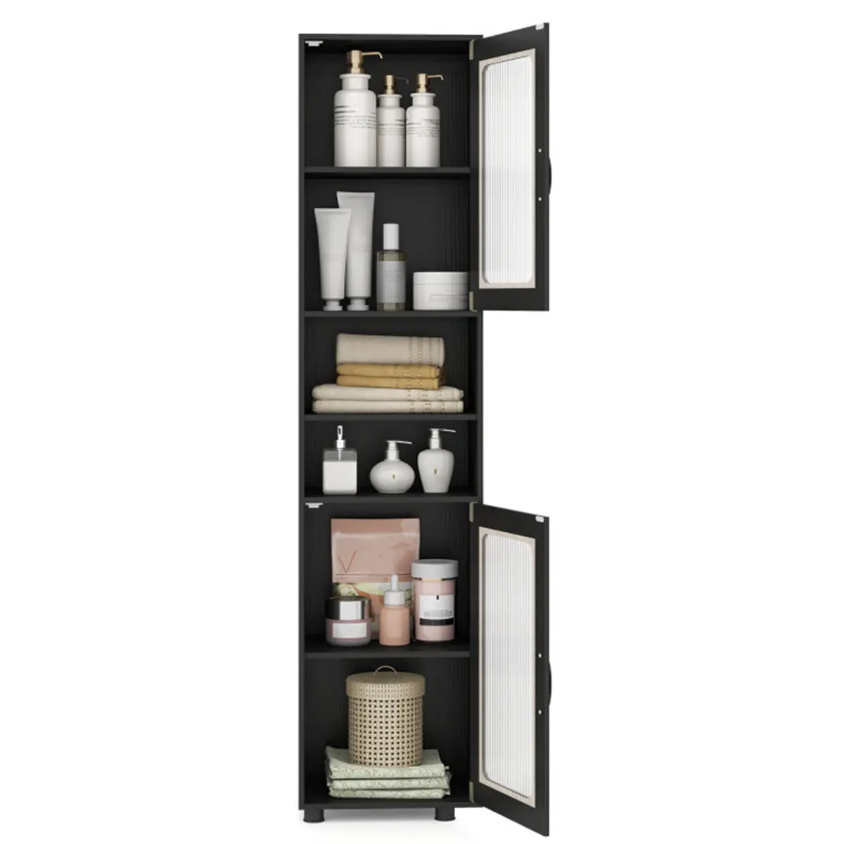 67 in Tall Slim Particle Board Bathroom Storage Cabinet with Fluted Doors, Adjustable Shelf, Freestanding Narrow Organizer - Black