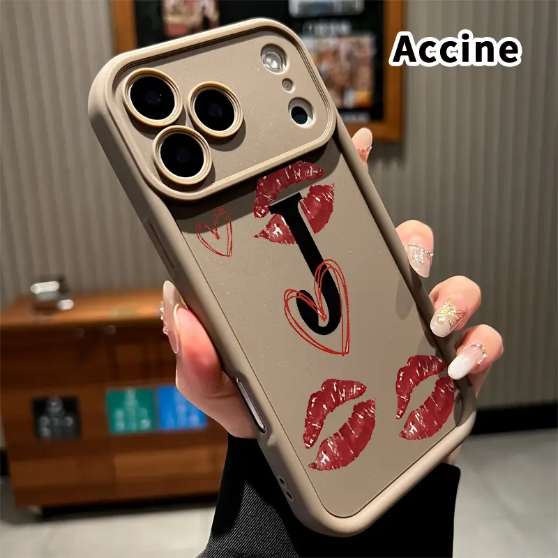Lips Heart Initial Pattern TPU Phone Case for iPhone 17 Pro Max 16 15 14 Plus 13 12 Mini 11 XR X XS Air E Shockproof Drop Protection Rugged Durable Silicone Cover Cellphone Protective Casing