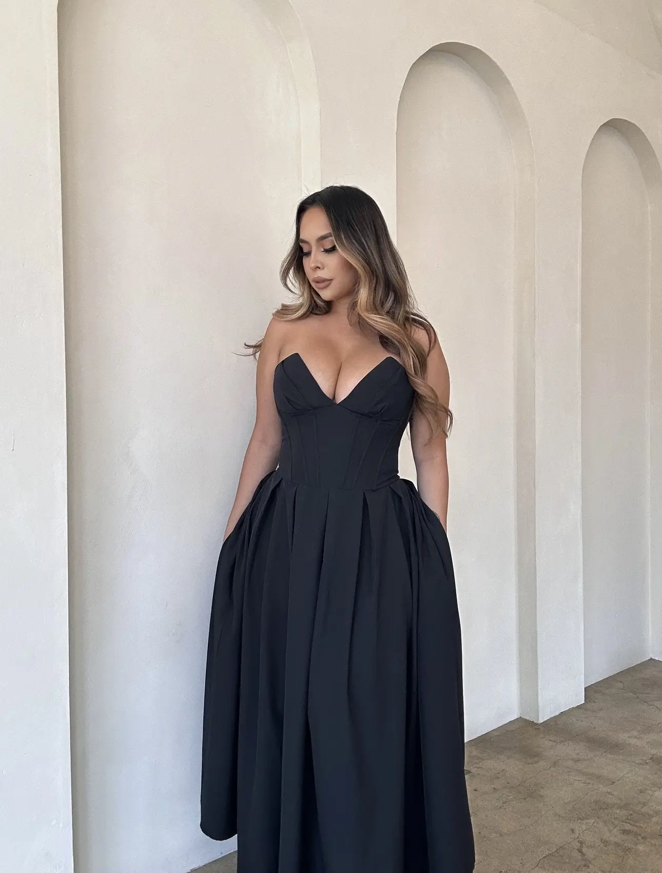 Charlotte Strapless No Stretch Corset wedding guest womenswear midi Formal Pleated  Black dress with pockets Date night Clothing Chic Elegant  Backless Casual