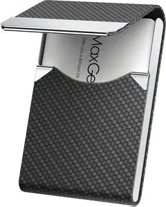 Business Card Holder, PU Leather & Stainless Steel Business Card Case for Men or Women, Slim Name Cards Holder RFID Blocking Credit Cards Carrier with Magnetic Closure, Black Carbon