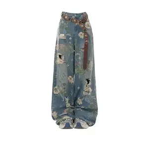 Floral Print Wide-leg Jeans - Retro Y2K High-waist Pants - Trendy Clothing for Women Fashion Womenswear Bottom Everyday(Sheet)