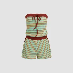 Cider Women's Cotton-Blend Stripe Bandeau Romper with Knotted Contrasting Binding, Stretchy Wide-Leg Design for Summer Beach & Daily Casual Wear
