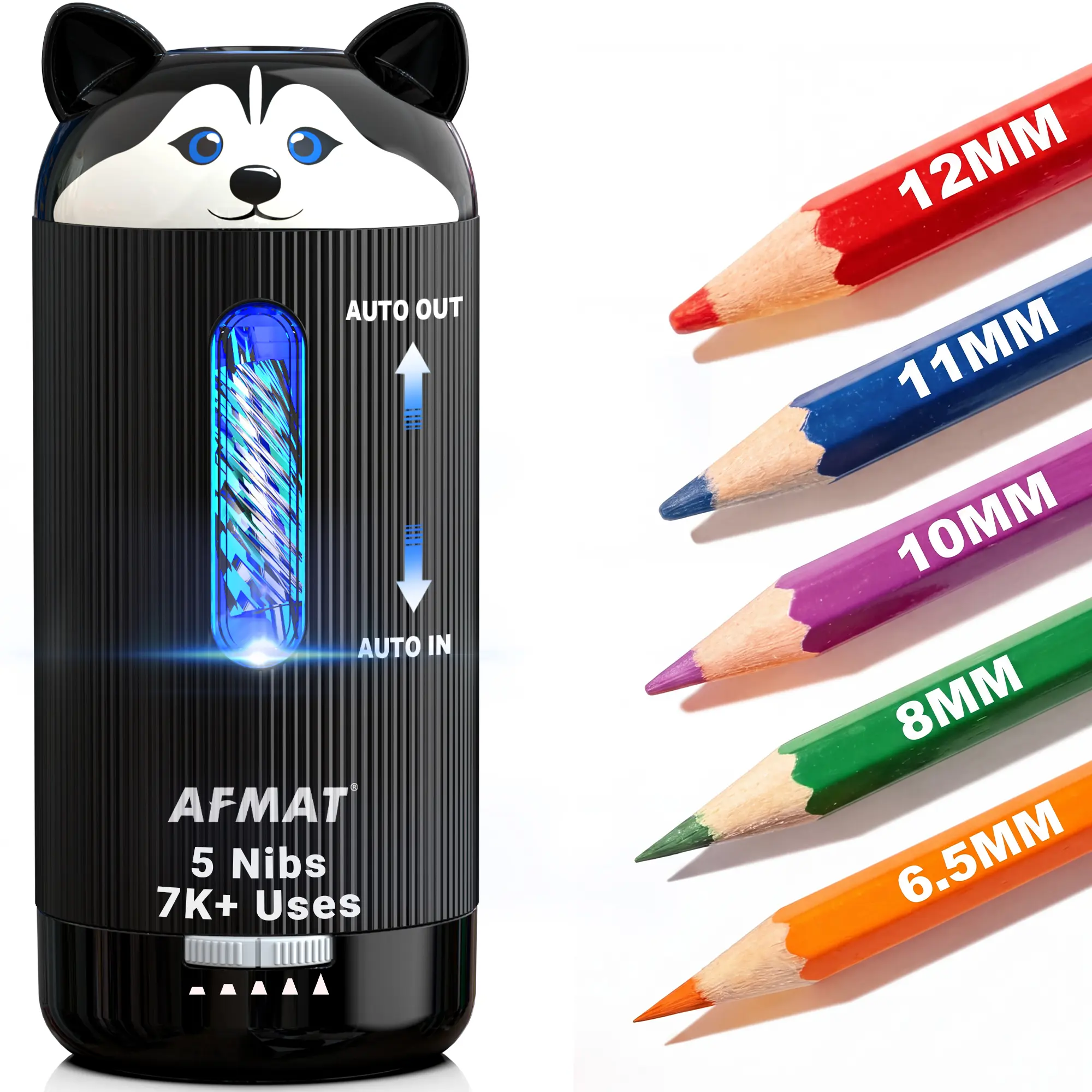 AFMAT Rechargeable Automatic Husky Animal Character Pencil Sharpener - Cute Style, 3 Sharpness Settings, Hands-Free Auto In/Out, Fits 7-11.5mm Pencils, Black Office Stationery for Students (Cute Style, Animal Character Sharpeners), Cute Style Pencil Sharp