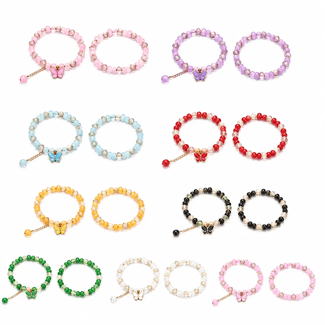 Women's 18-Pack Colorful Beaded Bracelets with Butterfly Charms, Stackable Elastic Bands Crystal-Style Glass Bracelet Set, DIY Beading Supply, Daily Wear Gift