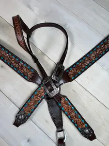 Sunflower Teal Buckstitch Dark Leather Tack Set