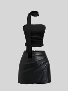Women's Sexy Tight Mini Bodycon Skirt Set, Single Color Design, European & American Vintage PU Leather Material, All Seasons Suitable, Style Icon Set, Casual Outfits Women