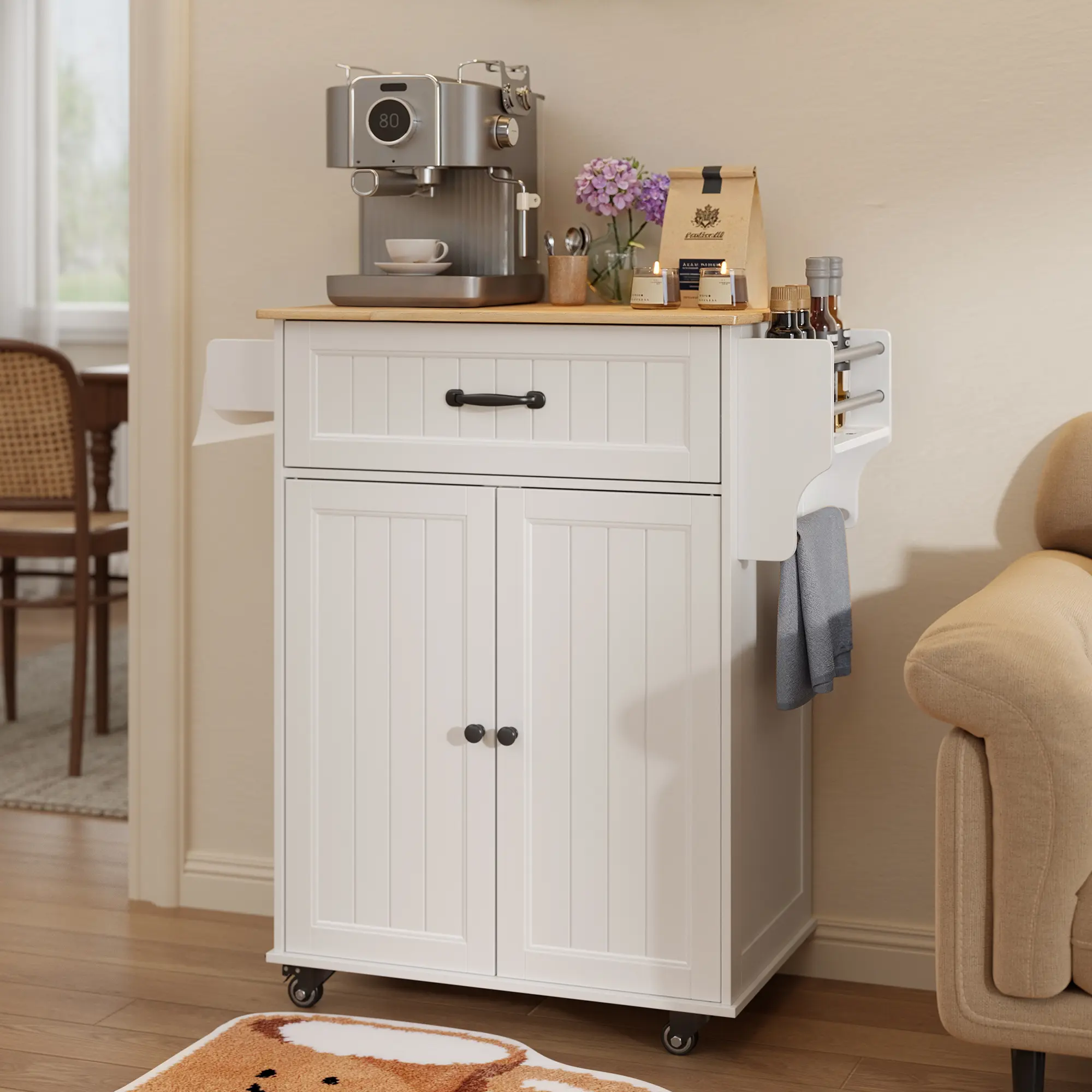 Gizoon Furniture-Style Freestanding Bar Cabinet 33" W Kitchen Island Cart, Adjustable Shelf, Metal Wheels, Drawer, Storage Cabinet, Spice Rack, Towel Rack, White Oak Tabletop, Easy Access Dual Storage Sideboards, for Dining Room, Drawers Bar Cabinets