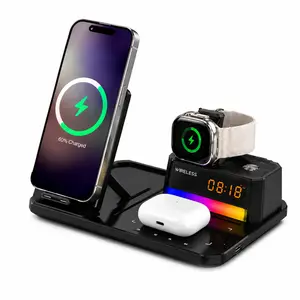 JPTREK 6-in-1 Wireless Charging Station with Auto Lifting Stand, LED Night Light, Digital Clock, Phone Watch Earbuds Charging Dock for iPhone, Android, Apple Watch and AirPods, Desktop Organizer Gift