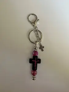 Handmade Beaded Key Chain with Jesus Cross Charm and Beads Elegant Handcrafted Accessory with Clip & Key Ring Tassel Pendant Pink Beads