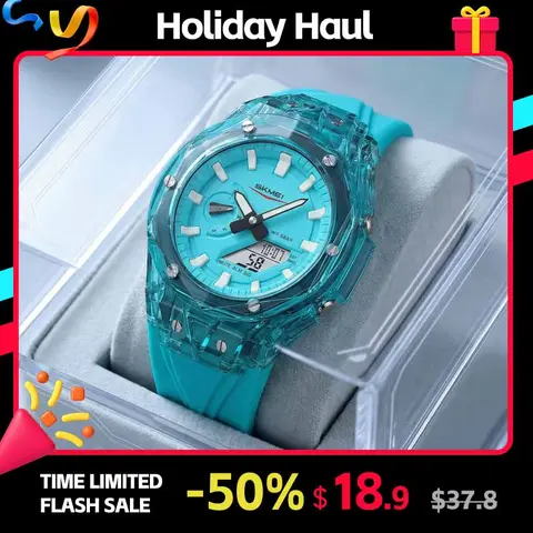 SKMEI Men's Non-Mechanical Transparent Digital Watch Set - 45.3mm, 30M - 50M Water Resist, Plastic Clasp, Dual Display, LED Luminous, Fashionable Party Watch, Alarm, Stopwatch, World Time, Calendar, Sports & Casual, Color Accessories, Couple-Friendly