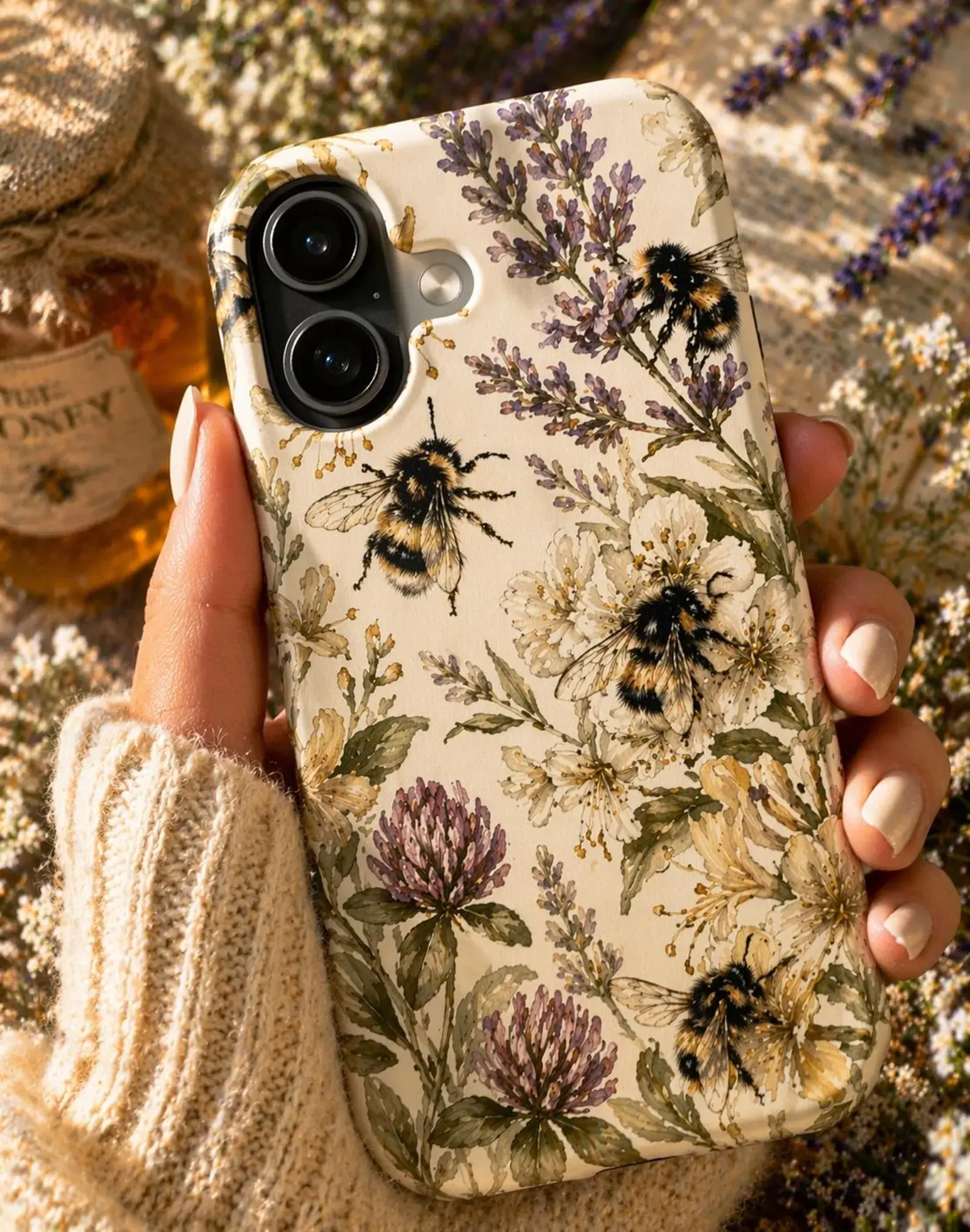 Wildflower Bee Phone Case Cream Botanical iPhone Case Lavender Floral Case Cottagecore Aesthetic Neutral Flower Phone Case Nature Garden