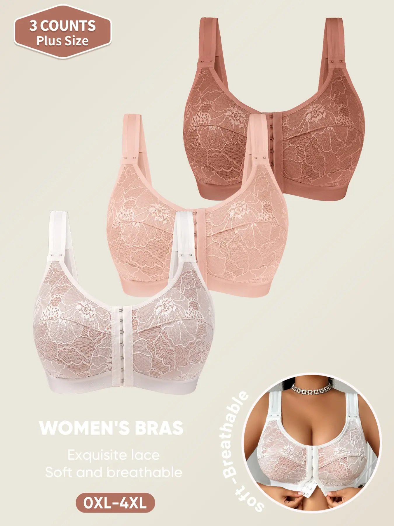 3-Pack MEIYATING Plus Size Bras Underwear 0xl-4xl, Front Buckle, Floral Lace Embroidery, U-Shape Back, Full Coverage, Soft Breathable, Casual Everyday Wear