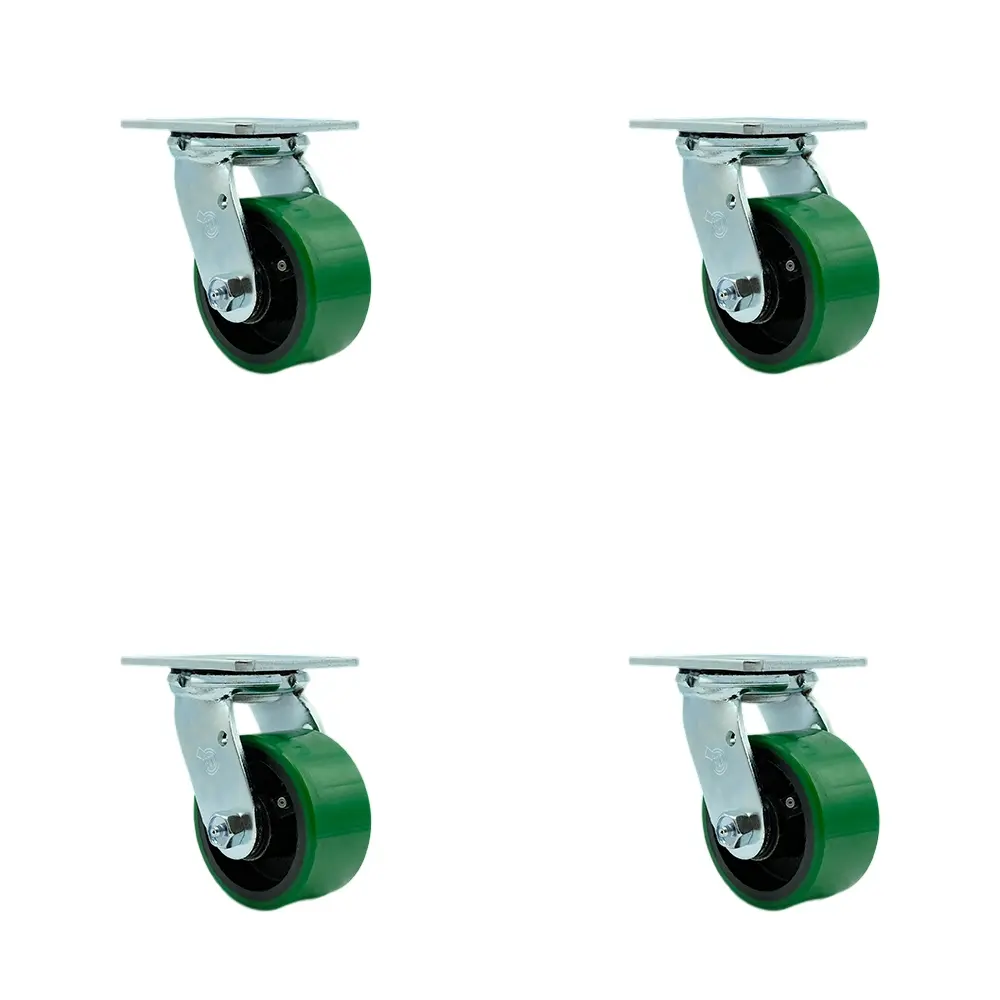 Service Caster SCC-30CS420-PUR-GB-4 Polyurethane on Cast Iron Swivel Top Plate Casters, Heavy Duty with 4 in. Green Wheels - 2800 lbs Total Capacity - Set of 4