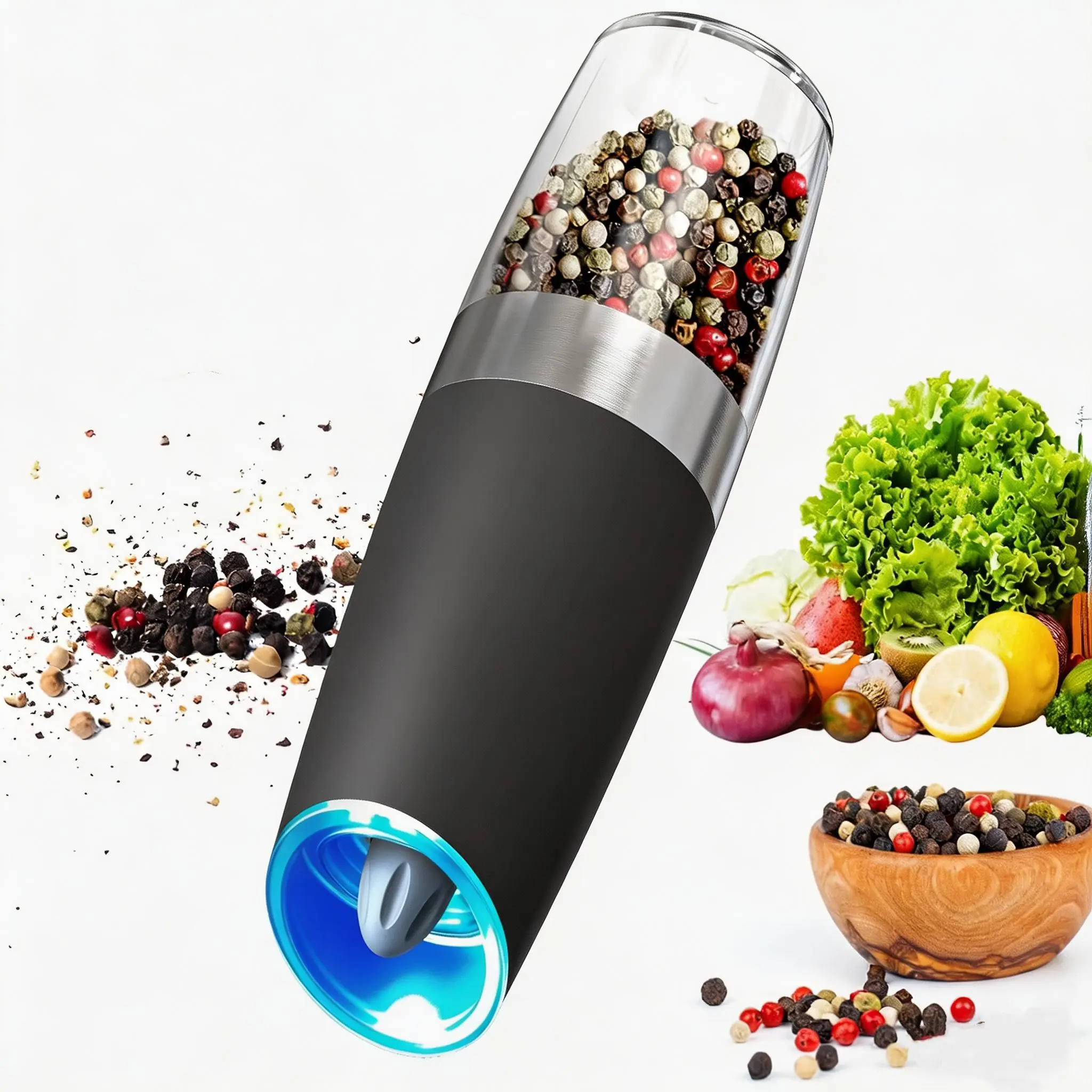 Gravity Battery-Powered Salt & Pepper Grinder Set - Kitchen Seasoning Utensils with Adjustable Coarseness, 1-Hand Automatic Operation, LED Light, Sleek Black Stainless Steel, Ceramic Mechanism