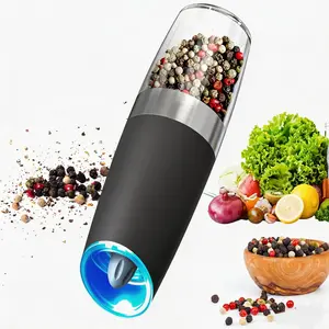 Gravity Electric Salt & Pepper Grinder Set, Adjustable Coarseness, One-Hand Automatic Operation, LED Light, Battery Powered, Sleek Black Stainless Steel Design