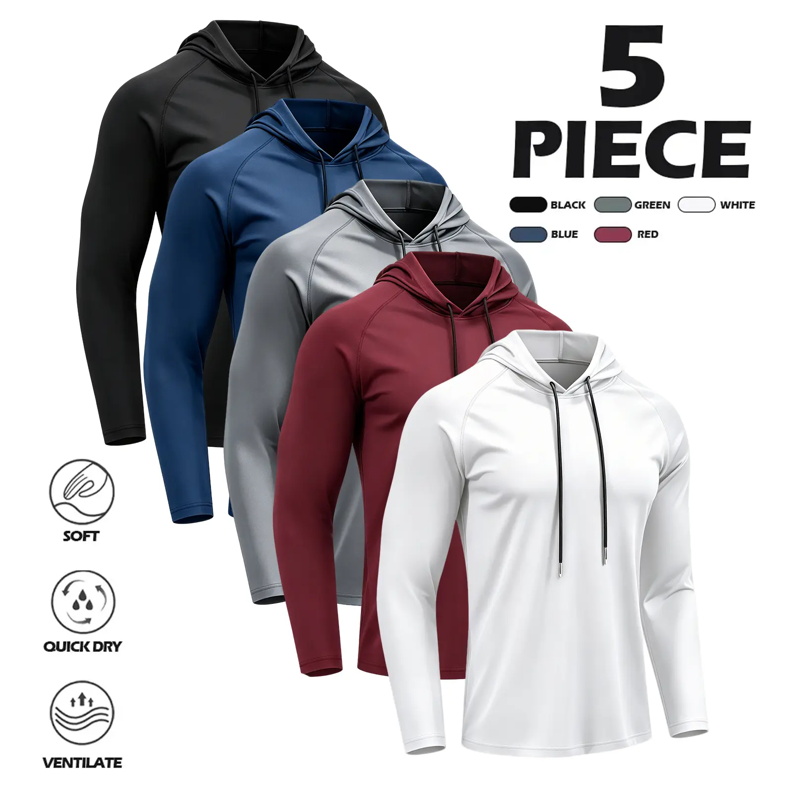 Men's 5-Piece Hoodie Set - Polyester Knit, Quick-Dry, Heat-Retention, Loose-Cut Sweatshirt for Autumn & Winter Layering, Minimalist Outfits, Casual Athletic Fitness Wear with Unrestricted Move
