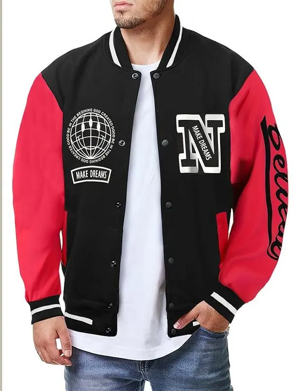 Men's Vintage Varsity Jacket Colorblock Baseball Bomber Coat Graphic Patch Letterman Snap Button Casual College Streetwear Male Clothing Apparel cozy soft cool clean chic active sporty casual premium classic stylish durable trendy comfy vibe hype 3-Colors
