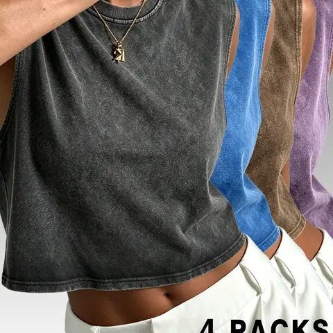 4-Pack Women's Washed Sleeveless Crop Tank Tops, Athleisure Tank Top, Casual Basic Crew Neck Loose Fit Muscle Tees, Washed Solid Color Tank Tops, Soft Breathable Summer Sleeveless Tops for Workout and Daily Wear, Multiple Colors Available