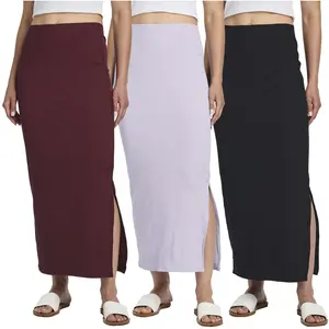 Real Essentials 3 Pack: Women's Ribbed High Waisted Maxi Skirt with Side Slit - Casual Long Pencil Skirt