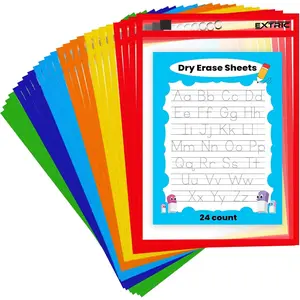 24 Pack Dry-Erase Sheets, Clear Plastic Paper Sleeves, Assorted Color, 10x16 inches, 24 Pieces
