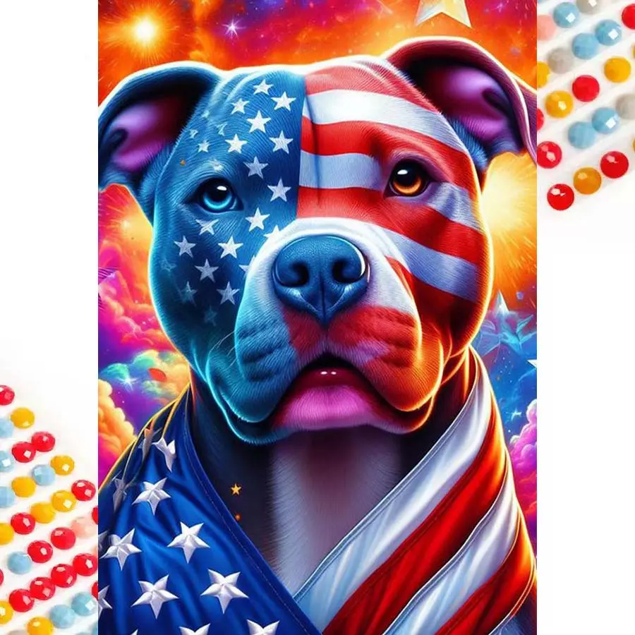 5D DIY Full Drill Round Diamond Painting - Diamond Art Kit Dog, American Flag, Starry Sky Mosaic, Canvas, Diy Craft Supplies - DIY Decorative Painting, Home Wall Decor, For Handmade Gifts, Halloween and Christmas, Independence Day