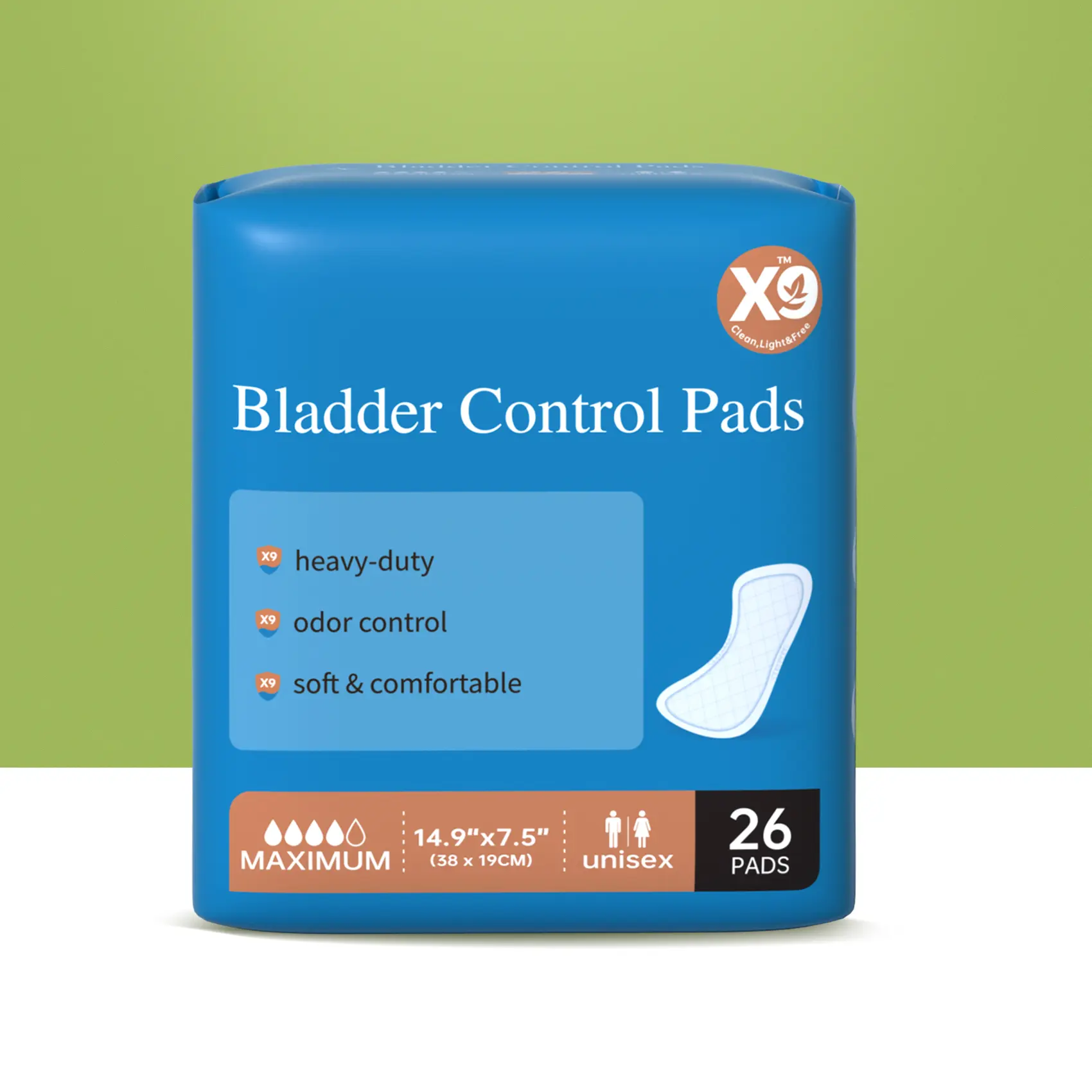 X9 Incontinence Adult Pads for Men & Women, High Absorbency Cellulose Core, 3D Leakproof with Odor Control, Skin-Friendly, Unscented, 26-Pad Pack, Disposable Use, Absorbency Ultra Absorbent Sap Sheet, Adults, Bladder Control Pads