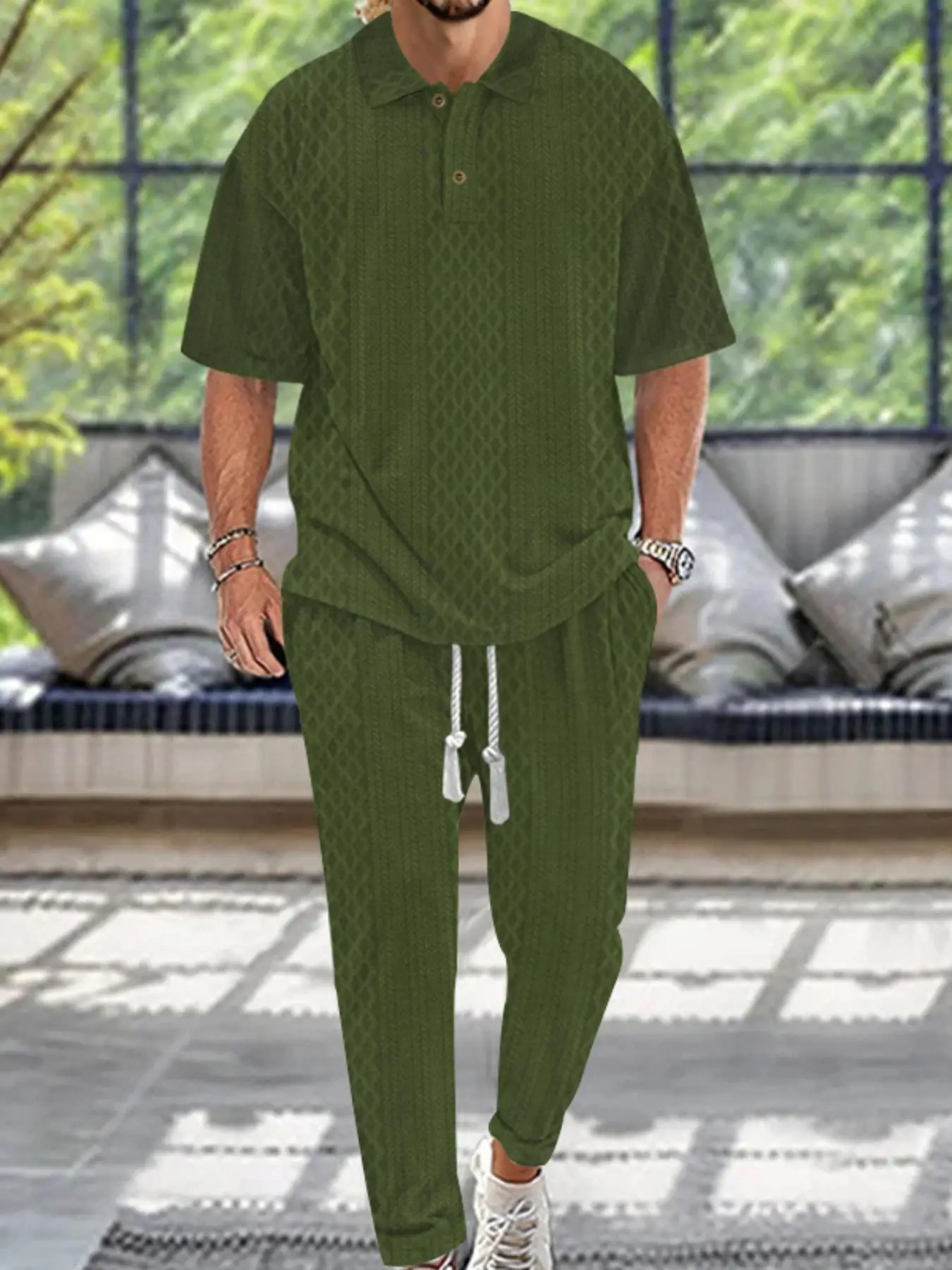 Men's Textured Drop Shoulder Collared Tee & Drawstring Waist Pants Two-piece Set, Casual Fashion Cozy Shortsleeve Polo Shirts & Pocket Trousers for D