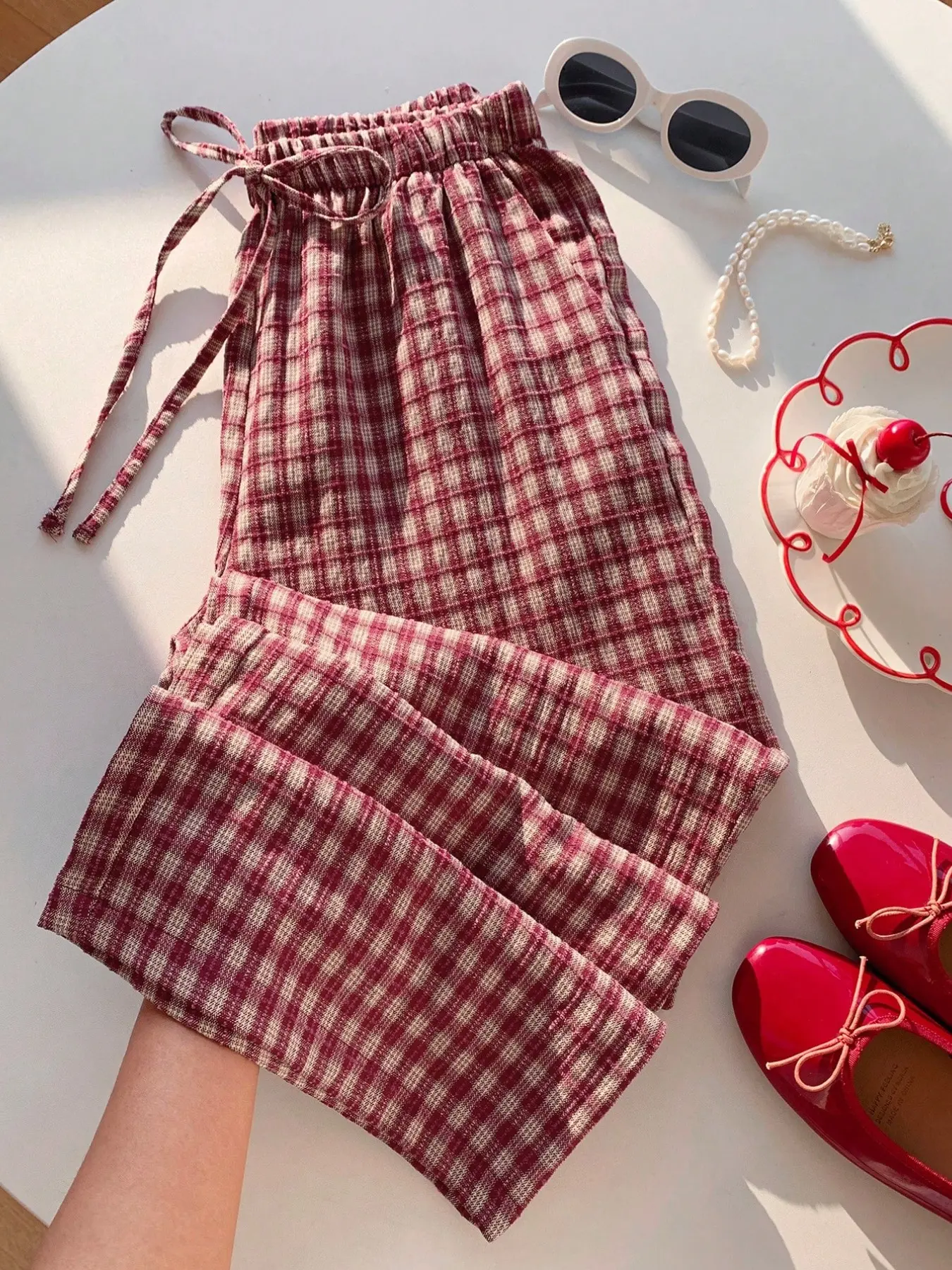 Women's Long Pants, Adjustable Elastic Waist Pocket Sleepwear Loungewear Nightwear, Loose Fit Pajamas, Summer Basic Plaid Wide Leg, Casual Loose-Fitting, Mid Waist, H Type Womenswear