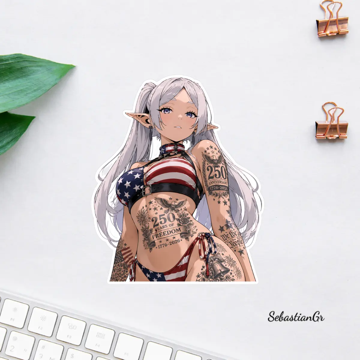 Frieren Freedom Tattoo Sticker, USA 250th Anniversary Patriot Design, American Flag Elf Girl Decal