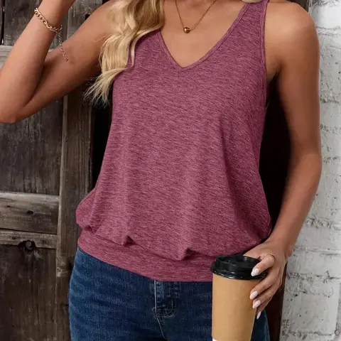 Elegant V-Neck Color Cotton Knit Lightweight Women's Fashion Womenswear Casual Basic Vest, Tops, Perfect for Commuting and Vacation, Essential for Women's Wardrobe