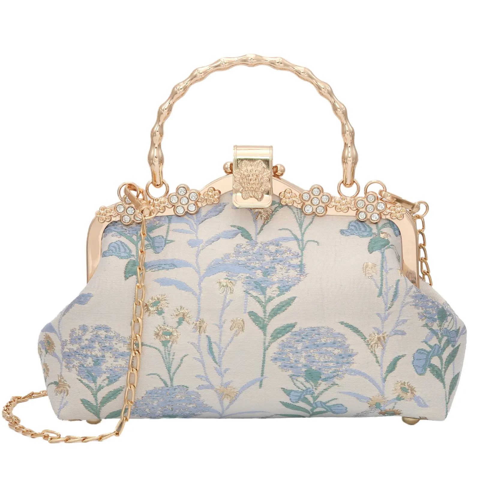 Bwinka Elegant Clutch for Women, Retro Chinese Style Silk Evening Bag with Embroidered Relief Flower and Kisslock Closure, Chic Bag, Fashion Show, Silk Fabric, Bling Evening Bag, Chain Handbags