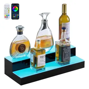 VEVOR LED Lighted Liquor Bottle Display, 2 Tiers 20 Inches Whiskey Rack, Supports USB, Illuminated Home Bar Shelf with RF Remote App Control, 9 Static Colors, Acrylic Lighted Shelf for 10 Bottles