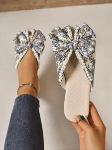 Women's Ditsy Floral Print Bowknot Design Slide Sandals, Casual Peep Toe Flat Sandals for Summer, Party Footwear, Lightweight Breathable Comfortable Shoes for Daily Wear, Girl