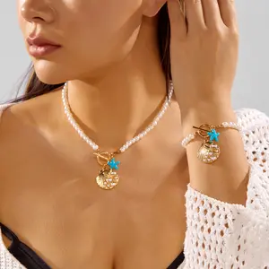 Boho Blue Starfish S Pendant Necklace Bracelet Set for Women Fashion Imitation Pearl Conch Scallop Choker Girl Beach Jewelry