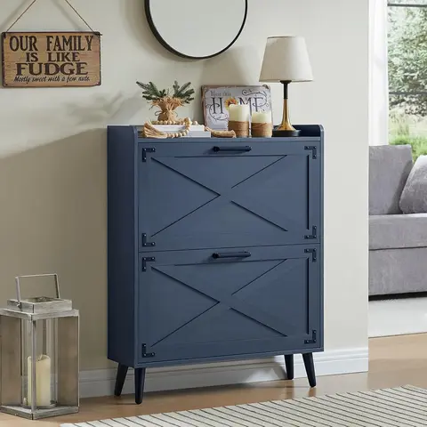 Farmhouse Shoe Storage Cabinet with 2-4 Flip Drawers & Barn Door Design - Freestanding Slim Narrow Shoe Organizer for Entryway, Foyer & Hallway