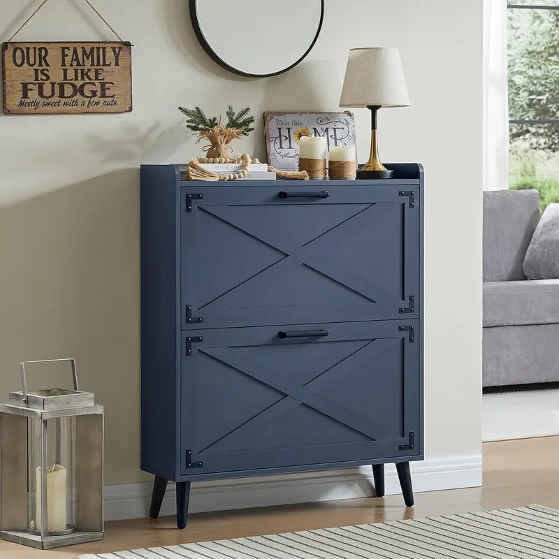 Farmhouse Shoe Storage Cabinet with 2-4 Flip Drawers & Barn Door Design - Freestanding Slim Narrow Shoe Organizer for Entryway, Foyer & Hallway
