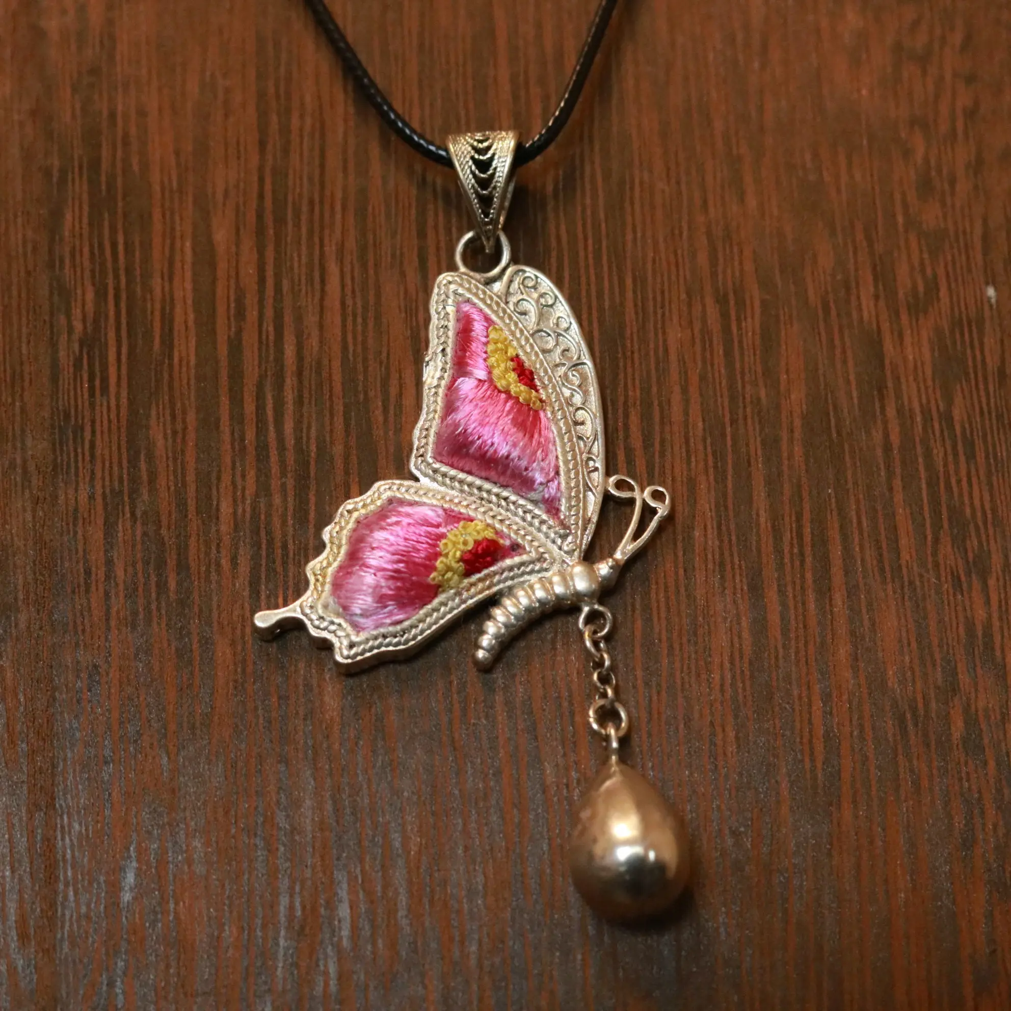 Embroidtale Hand-embroidered Small Butterfly Necklace - Ethnic Hmong Crafted Vintage Silver-plated Bronze