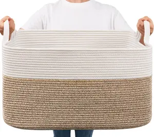 Large Woven Blanket Basket - 21.6" x 14.9" x 11.8" Rectangle Cotton Rope Toy Storage Basket for Living Room, Bedroom, White & Brown - Gift