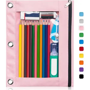 PrimPick 2PCS  3-ring binder pencil case, binder pencil case with smooth zipper, binder transparent window pencil case, large capacity 3-ring binder pencil case with 3 reinforcing hooks