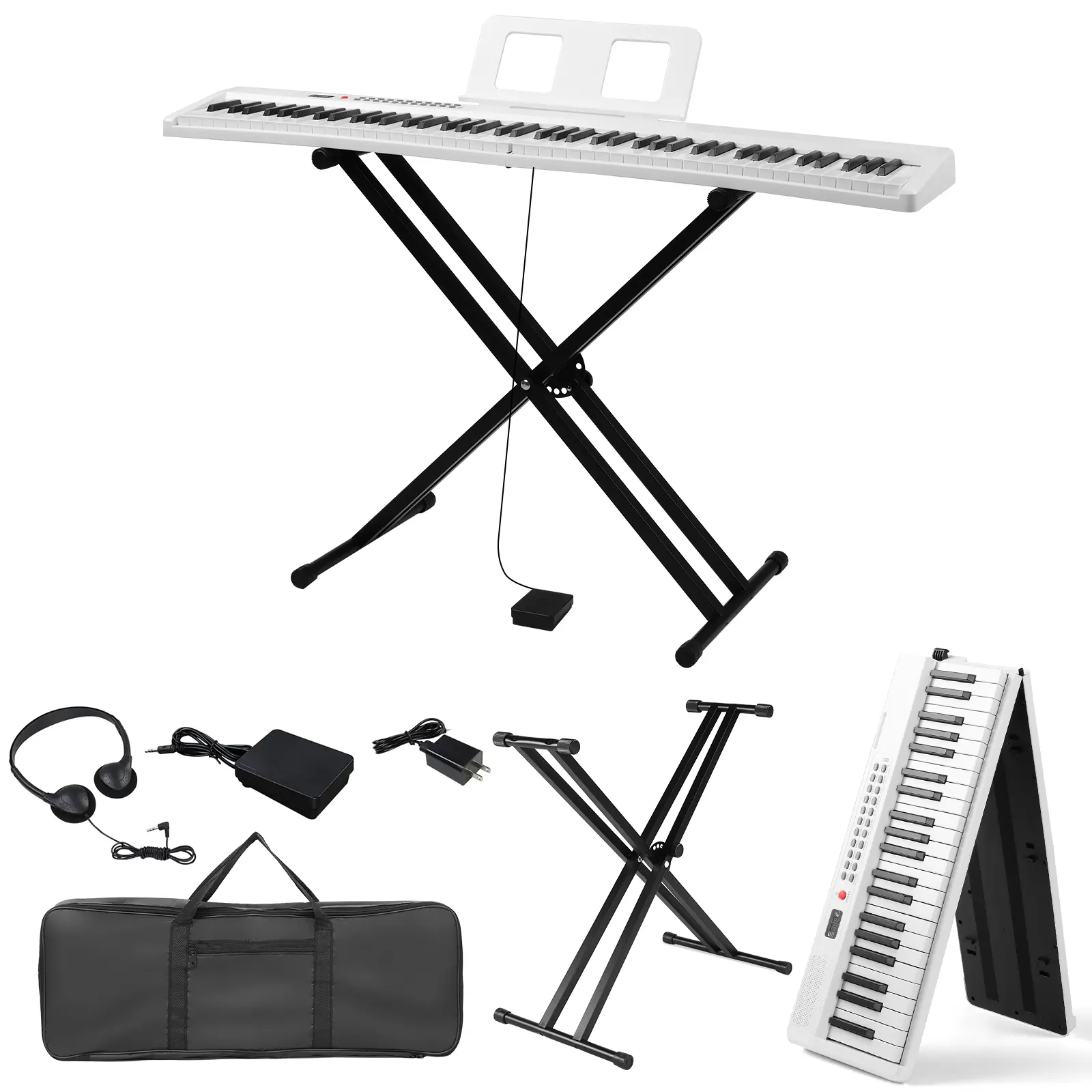 88 Key Folding Piano Semi-Weighted Standard Keyboards Digital Piano with Dual-tube X-Shape Stand， MIDI Bluetooth, Handbag，Headphone，for Piano Lover White color