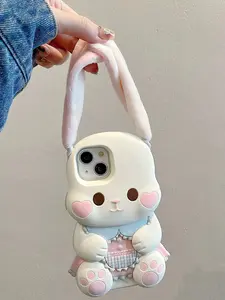 Cute Protective Phone Case Cute 3D Bunny Ears iPhone Case for iPhone 15 14 13 12 Pro Max – Soft Silicone Plush Rabbit Cover with Fall Protection for Girls & Teens