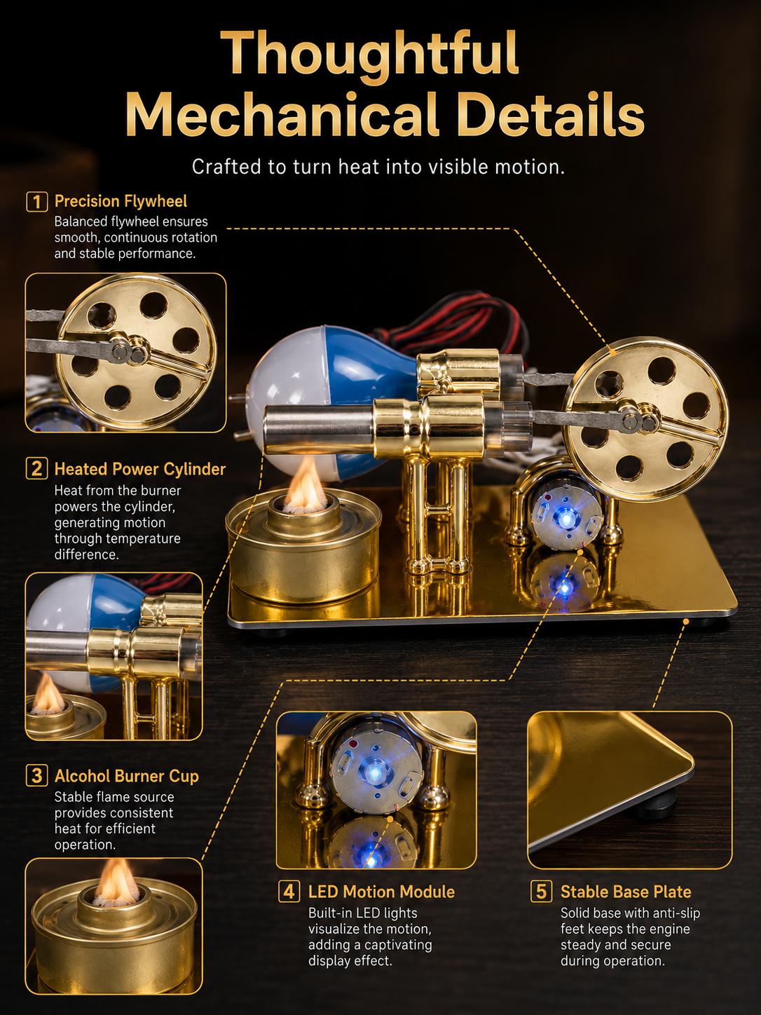 Heat‑Powered Stirling Engine Model with Burning Fuel & LED Motion Desk Toy