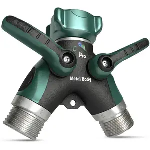 Hose Splitter 2 Way Heavy Duty Outdoor Faucet and Garden Connector - Water Spigot Splitter - Durable All-Metal Y Adapter with Shut-Off Valve - 4 x 4 x 1.5 Inches