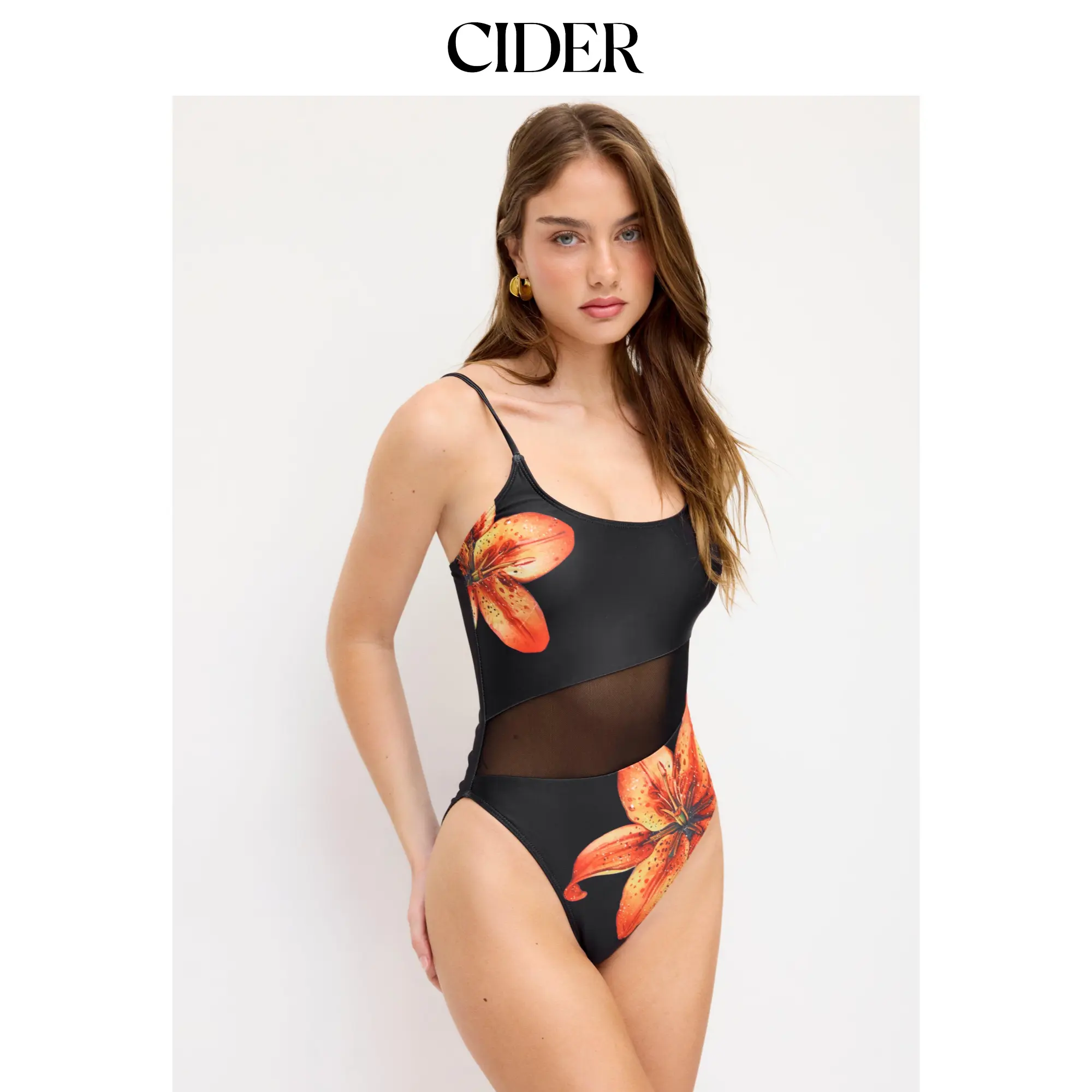 Cider Floral High Stretch Square Neck Mesh Panel One Piece Swimsuit